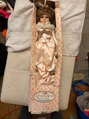 Queen Anne Porcelain Doll in Pale Pink Satin Gown